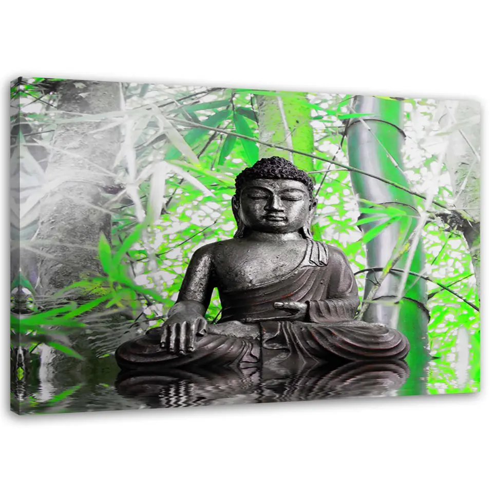 ⁨Obraz na płótnie, Budda i liście (Rozmiar 90x60)⁩ w sklepie Wasserman.eu