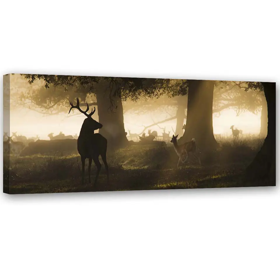 ⁨Obraz na płótnie, Jelenie we mgle (Rozmiar 90x30)⁩ w sklepie Wasserman.eu