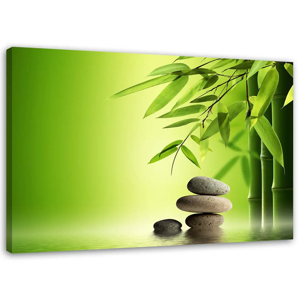 ⁨Painting on canvas, Zen stones and bamboo on a green background (Size 100x70)⁩ at Wasserman.eu
