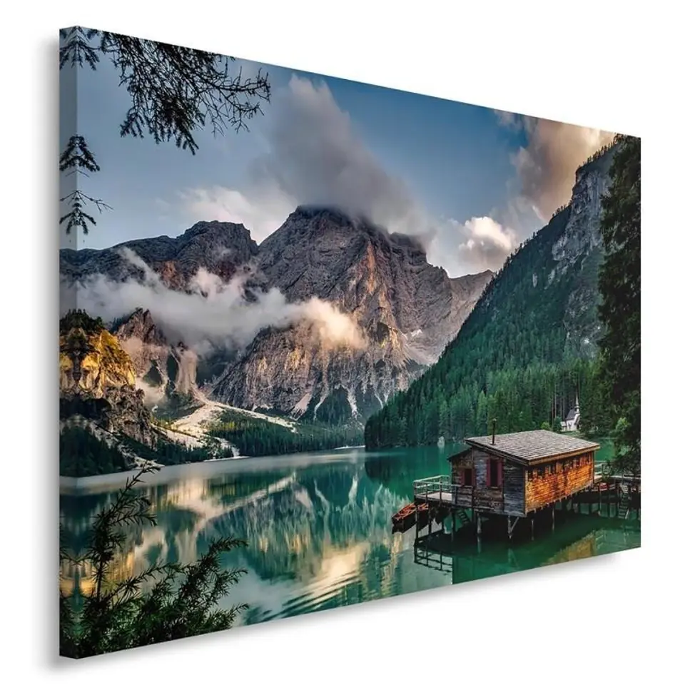 ⁨Obraz na płótnie, Domek w górach krajobraz Alpy (Rozmiar 120x80)⁩ w sklepie Wasserman.eu