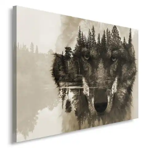 ⁨Obraz na płótnie, Wilk na tle lasu mgła (Rozmiar 90x60)⁩ w sklepie Wasserman.eu