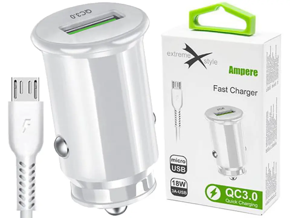 18W 3A QC3.0 USB car charger (microUSB, white) at Wasserman.eu
