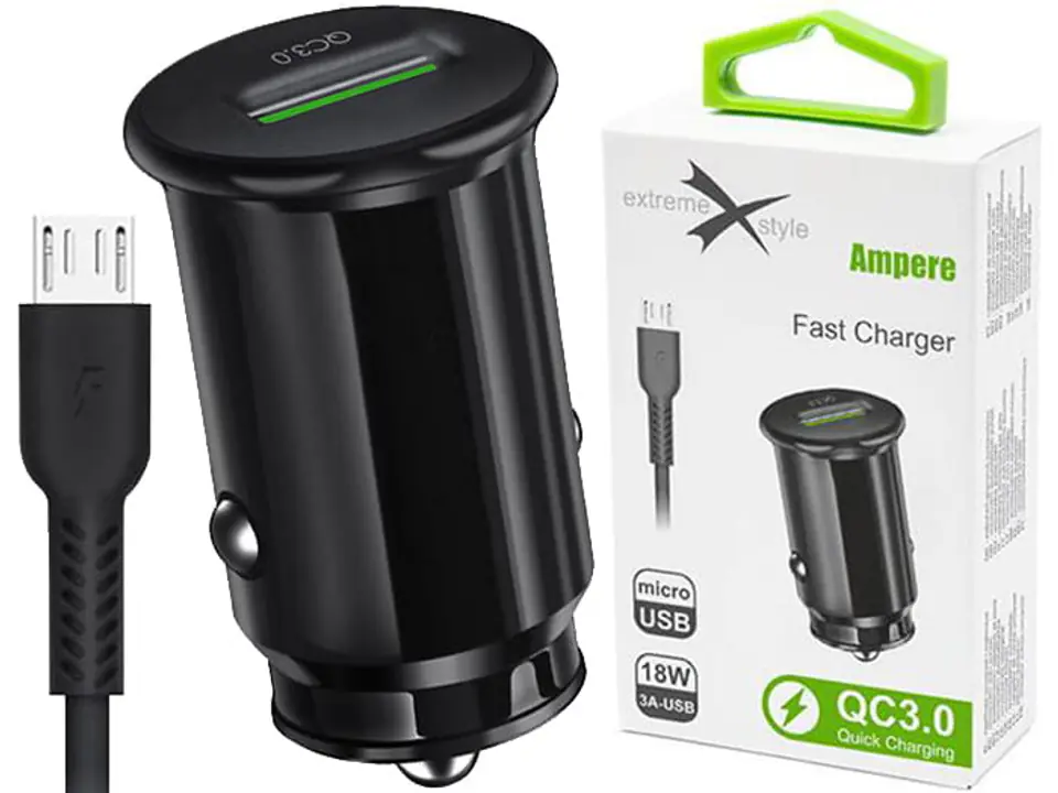 18W 3A QC3.0 USB car charger (microUSB, black) at Wasserman.eu