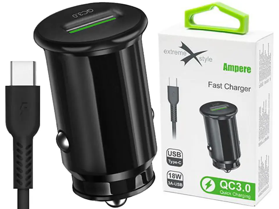 18W 3A QC3.0 USB car charger (type-C, black) at Wasserman.eu