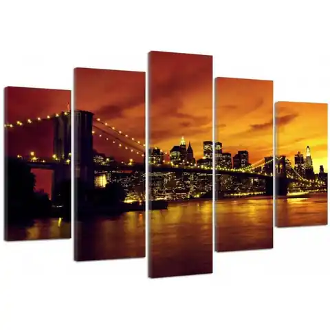 ⁨Obraz pięcioczęściowy na płótnie, Brooklyn Bridge i Manhattan o zachodzie słońca (Rozmiar 150x100)⁩ w sklepie Wasserman.eu