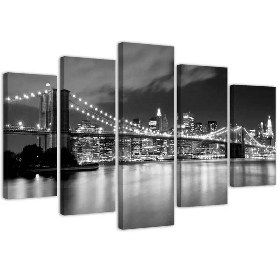 ⁨Five-part painting on canvas, Brooklyn Bridge at night black and white (Size 150x100)⁩ at Wasserman.eu