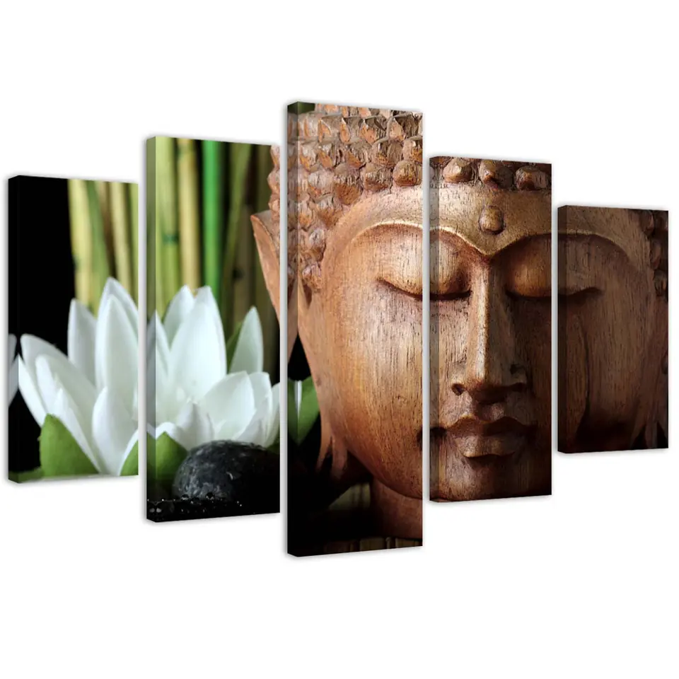 ⁨Obraz pięcioczęściowy na płótnie, Budda i biały kwiat (Rozmiar 100x70)⁩ w sklepie Wasserman.eu