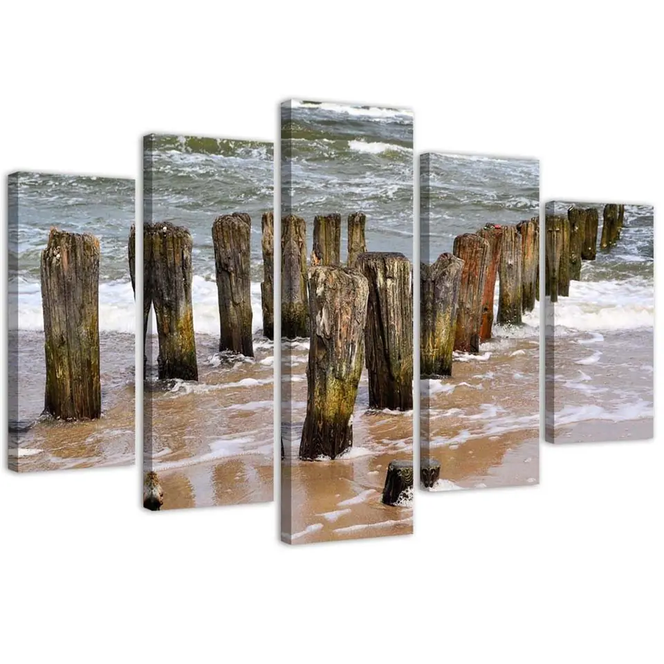 ⁨Five-part painting on canvas, Breakwaters on the beach (Size 100x70)⁩ at Wasserman.eu
