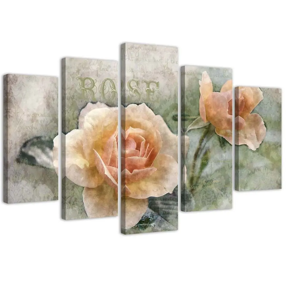 ⁨Five-part painting on canvas, Tea roses shabby chic (Size 100x70)⁩ at Wasserman.eu