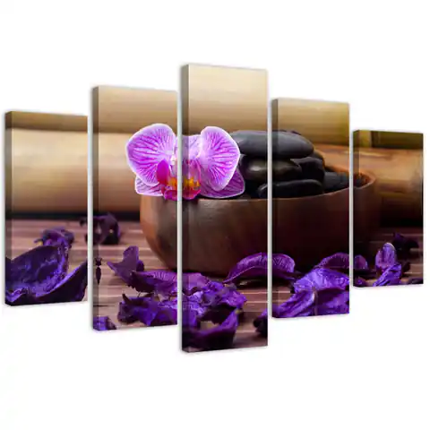 ⁨Obraz pięcioczęściowy na płótnie, Kompozycja zen z różową orchideą (Rozmiar 150x100)⁩ w sklepie Wasserman.eu