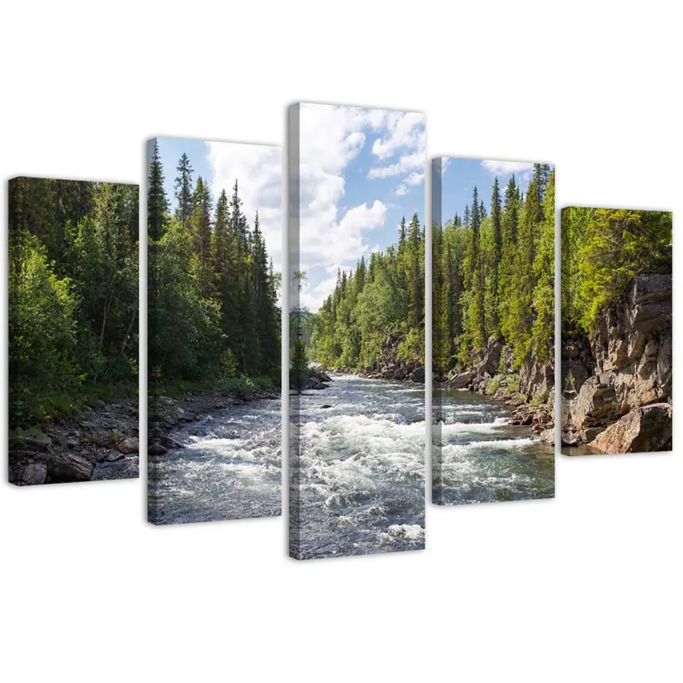 ⁨Obraz pięcioczęściowy na płótnie, Rzeka w lesie (Rozmiar 200x100)⁩ w sklepie Wasserman.eu