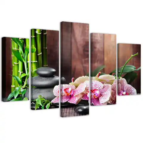 ⁨Obraz pięcioczęściowy na płótnie, Kompozycja zen z orchideą i bambusem (Rozmiar 100x70)⁩ w sklepie Wasserman.eu