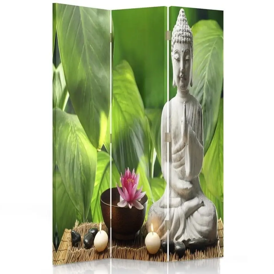 ⁨Parawan dwustronny obrotowy, Budda na tle liści (Rozmiar 110x170)⁩ w sklepie Wasserman.eu