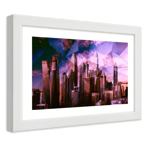 ⁨White framed poster, Geometric city in purple (Size 45x30)⁩ at Wasserman.eu