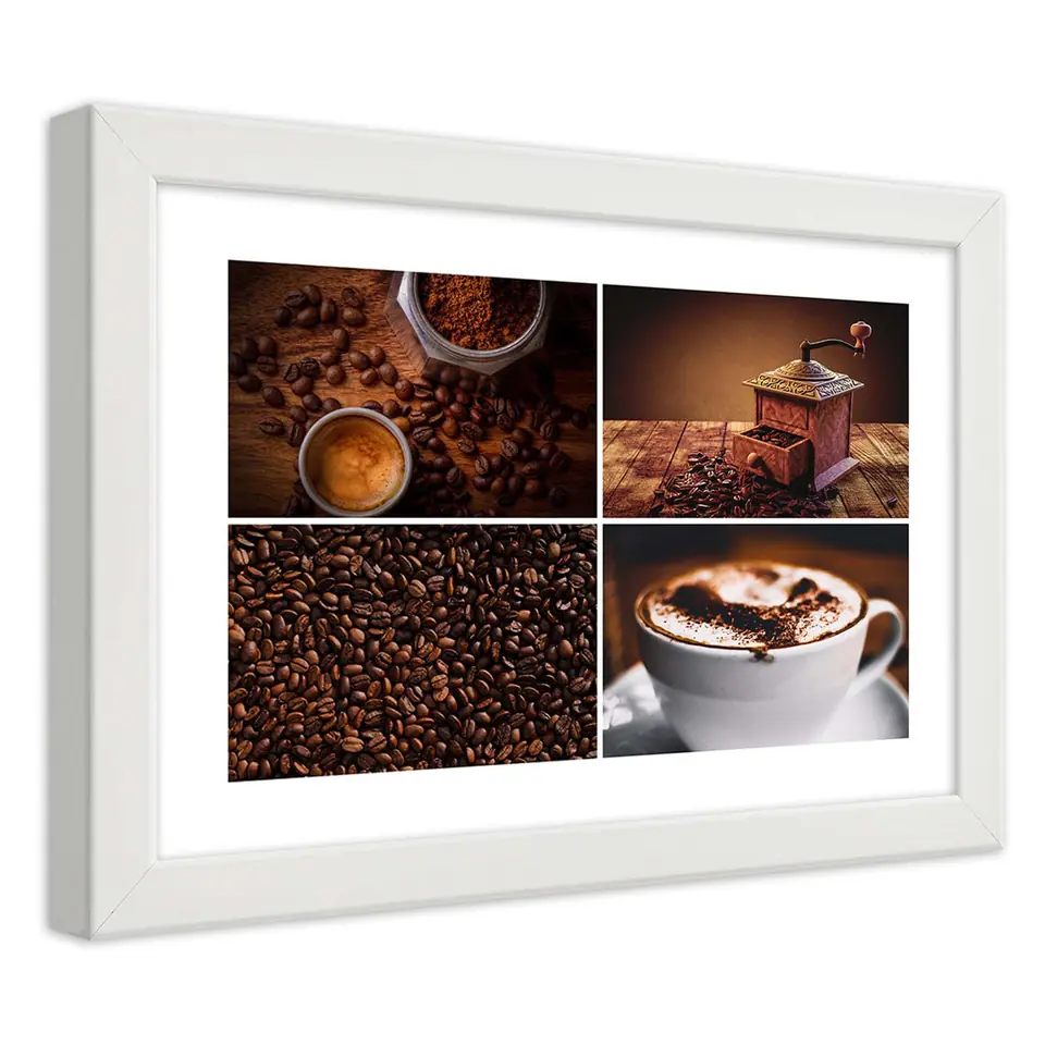 ⁨White frame poster, Coffee beans, grinder and coffee (Size 45x30)⁩ at Wasserman.eu