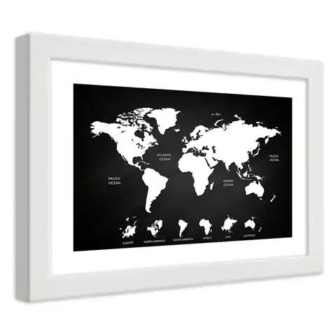 ⁨White framed poster, Contrasting map of the world and continents (Size 30x20)⁩ at Wasserman.eu