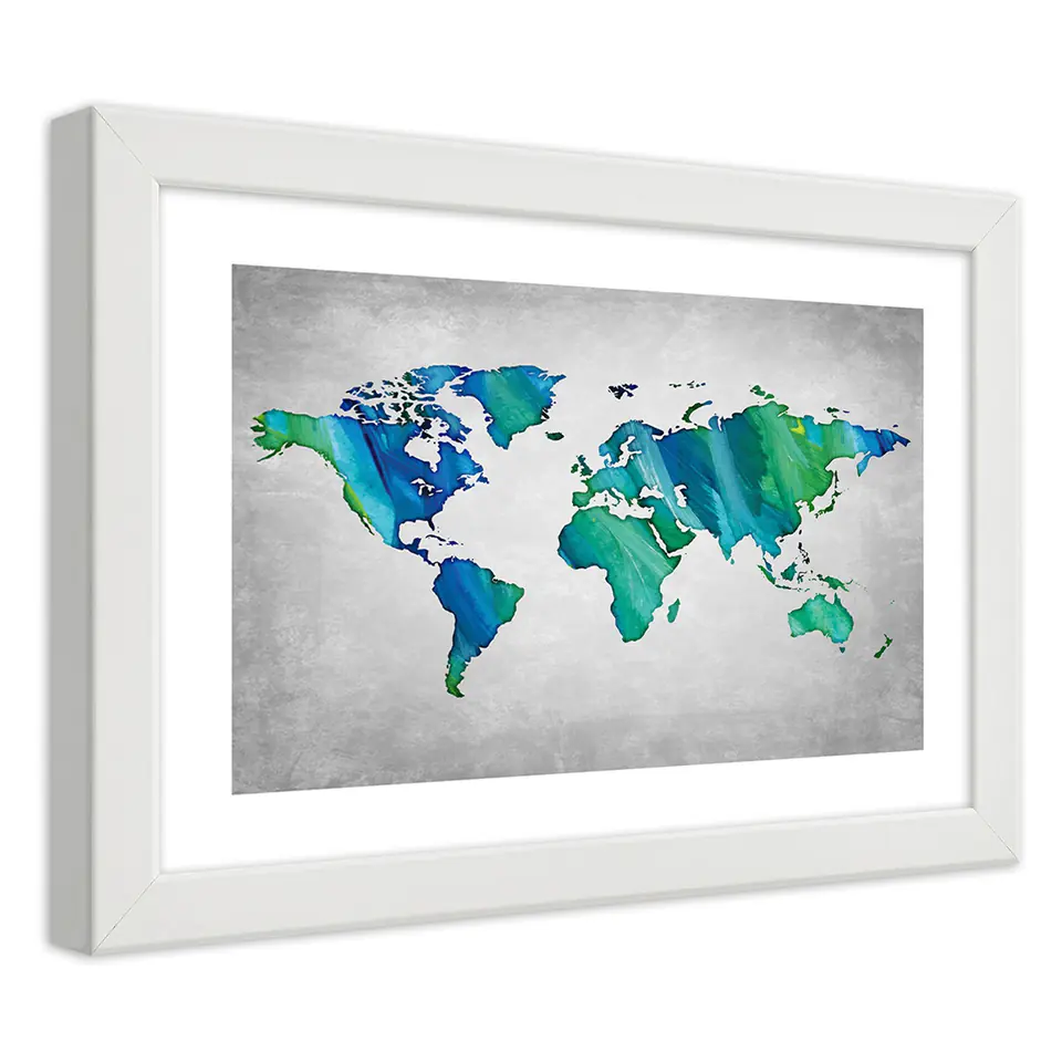 ⁨White Frame Poster, Colorful World Map on Concrete (Size 45x30)⁩ at Wasserman.eu