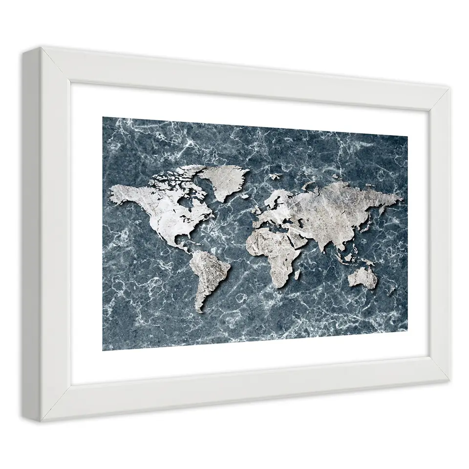⁨White frame poster, World map on marble (Size 100x70)⁩ at Wasserman.eu