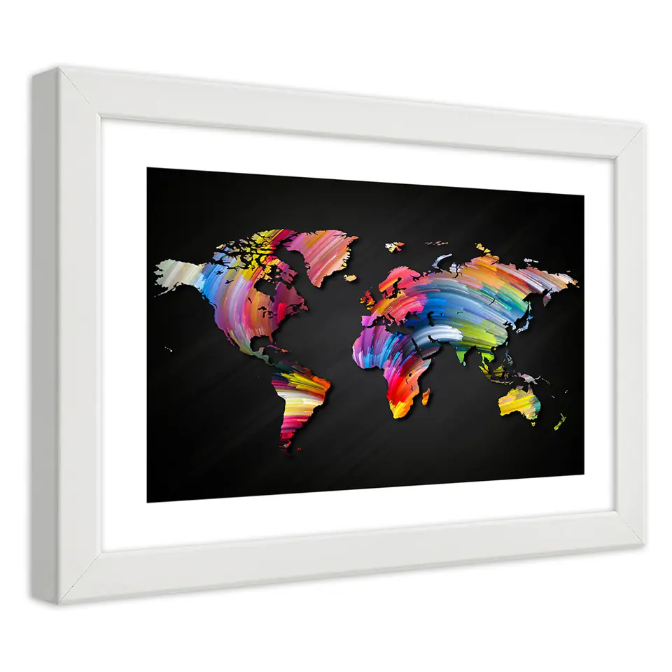 ⁨White framed poster, World map in different colors (Size 100x70)⁩ at Wasserman.eu