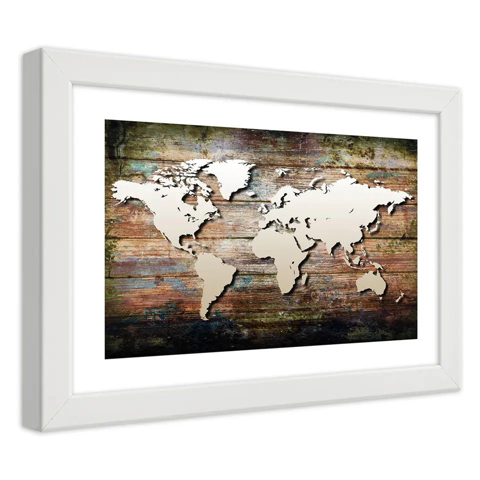 ⁨White frame poster, Map of the world on old boards (Size 100x70)⁩ at Wasserman.eu