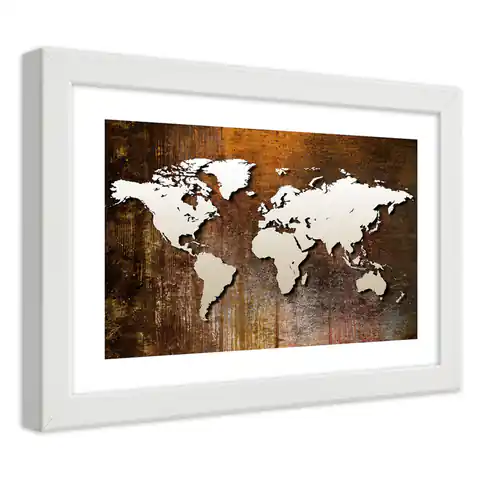 ⁨White frame poster, World map on wood (Size 100x70)⁩ at Wasserman.eu
