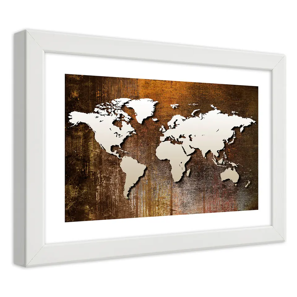 ⁨White frame poster, World map on wood (Size 100x70)⁩ at Wasserman.eu