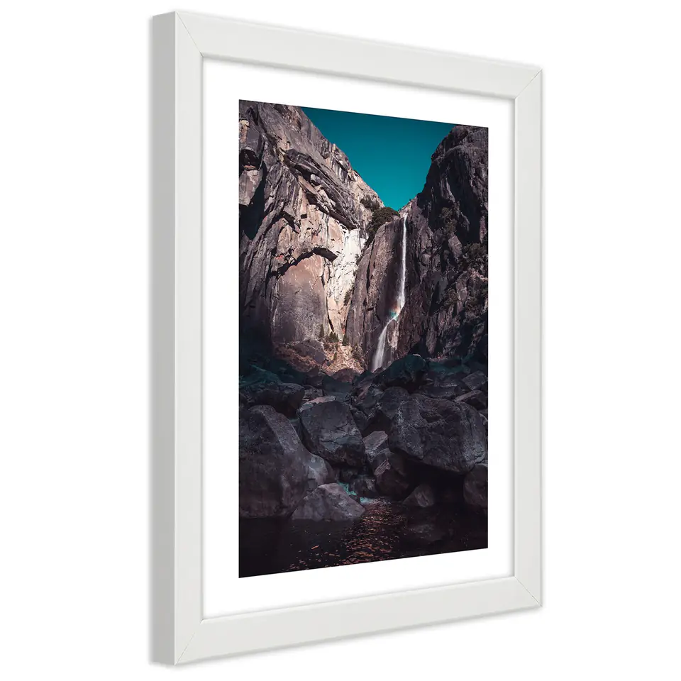 ⁨White frame poster, Waterfall among tall rocks (Size 40x60)⁩ at Wasserman.eu