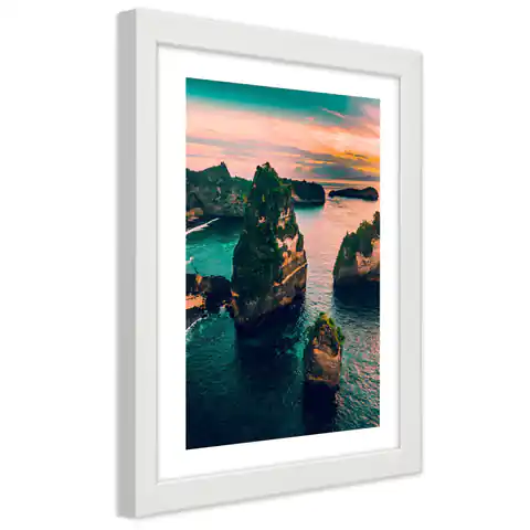 ⁨Poster in white frame, Rocks in the turquoise ocean (Size 30x45)⁩ at Wasserman.eu