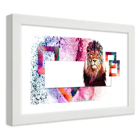⁨Poster in white frame, Lion with a colorful mane (Size 90x60)⁩ at Wasserman.eu