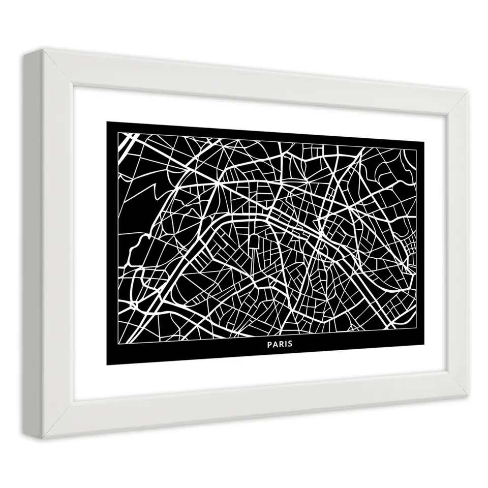 ⁨White frame poster, City plan Paris (Size 100x70)⁩ at Wasserman.eu