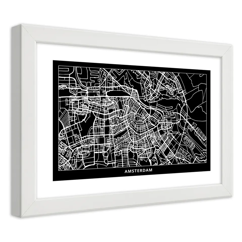 ⁨Poster in white frame, City plan Amsterdam (Size 100x70)⁩ at Wasserman.eu