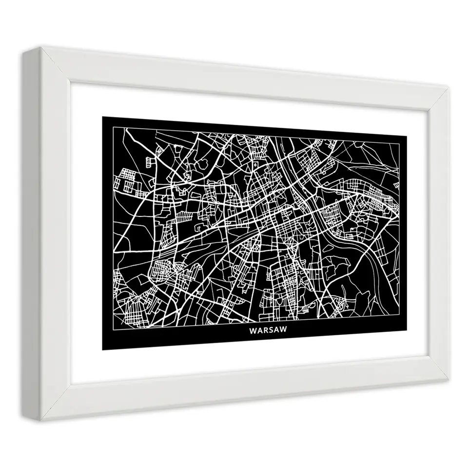 ⁨Poster in a white frame, City plan Warsaw (Size 100x70)⁩ at Wasserman.eu