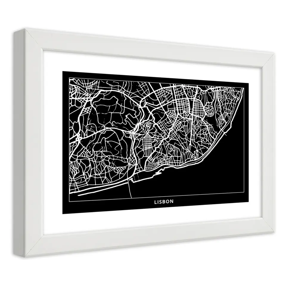 ⁨White frame poster, City plan lisbon (Size 100x70)⁩ at Wasserman.eu