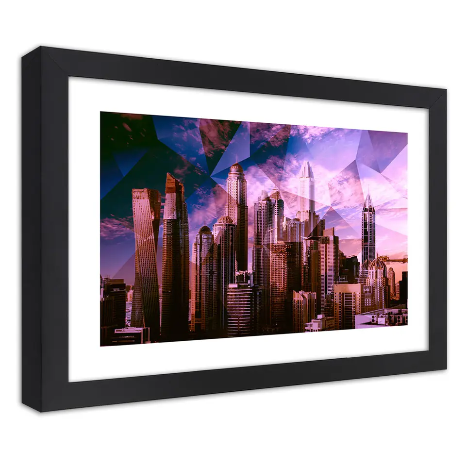 ⁨Poster in black frame, Geometric city in purple (Size 100x70)⁩ at Wasserman.eu