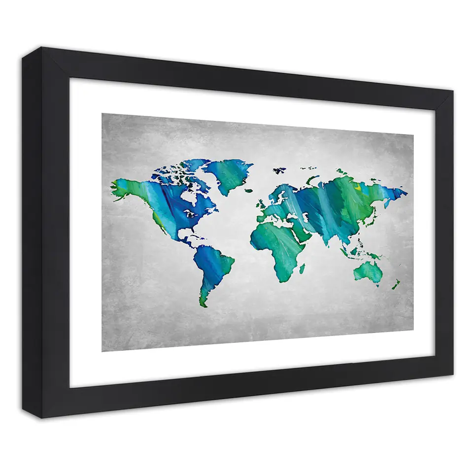 ⁨Poster in black frame, Colorful world map on concrete (Size 100x70)⁩ at Wasserman.eu