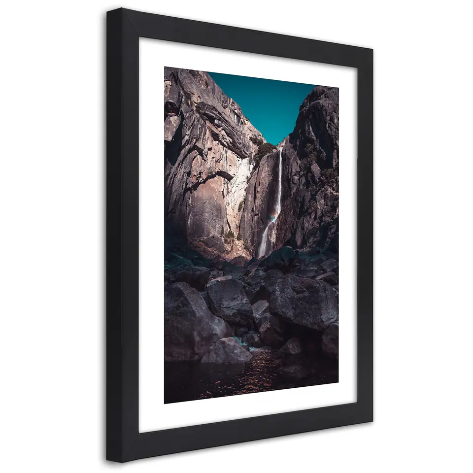 ⁨Poster in black frame, Waterfall among high rocks (Size 30x45)⁩ at Wasserman.eu