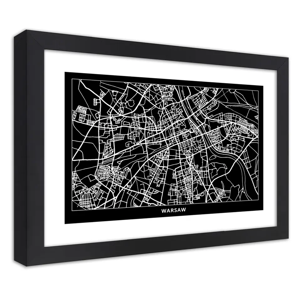 ⁨Poster in black frame, City plan Warsaw (Size 100x70)⁩ at Wasserman.eu