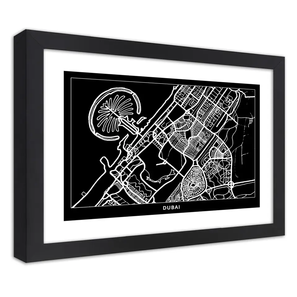 ⁨Poster in black frame, Dubai City Plan (Size 100x70)⁩ at Wasserman.eu