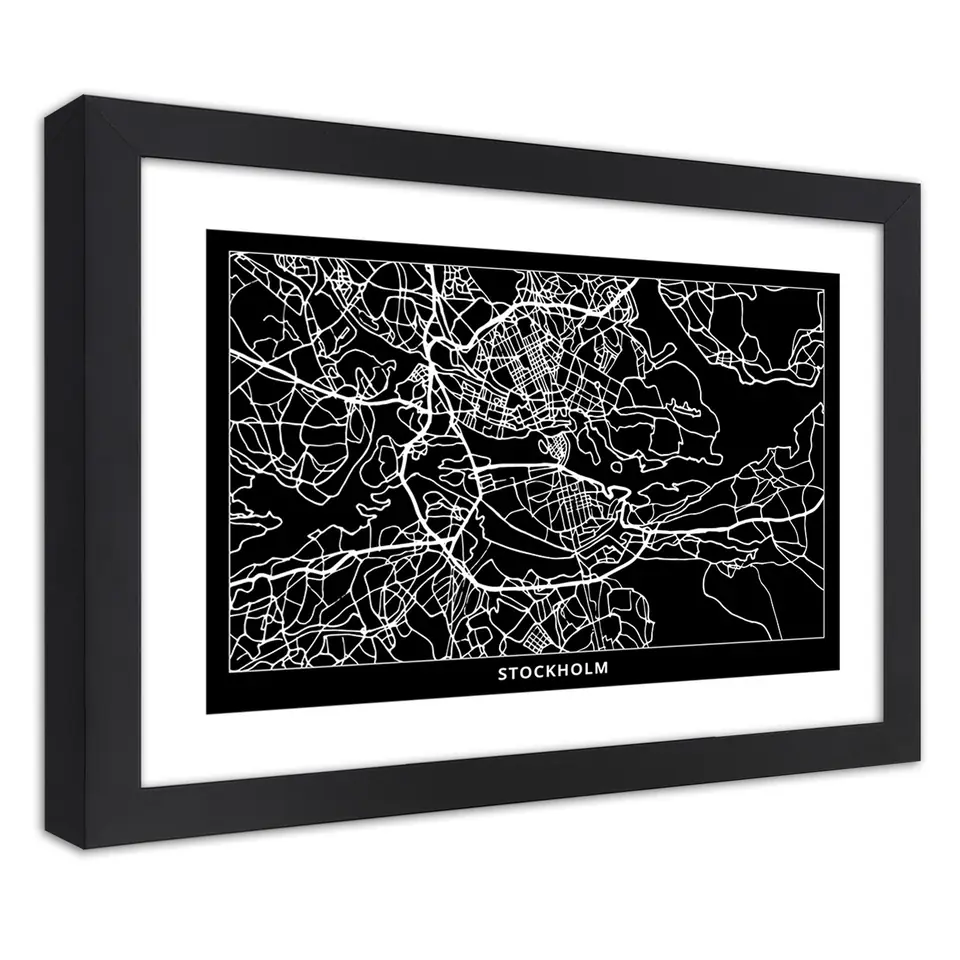 ⁨Poster in black frame, City plan Stockholm (Size 100x70)⁩ at Wasserman.eu