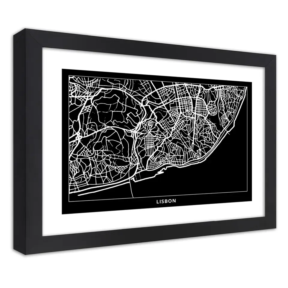 ⁨Poster in black frame, City plan of Lisbon (Size 100x70)⁩ at Wasserman.eu