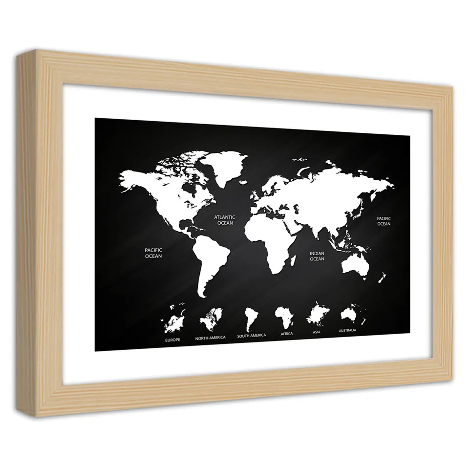 ⁨Obraz w ramie, Kontrastowa mapa świata i kontynenty (Rozmiar 100x70)⁩ w sklepie Wasserman.eu