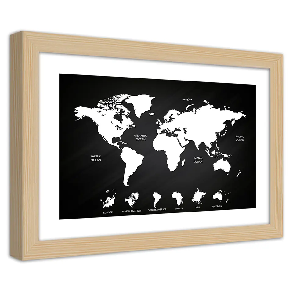 ⁨Obraz w ramie, Kontrastowa mapa świata i kontynenty (Rozmiar 45x30)⁩ w sklepie Wasserman.eu