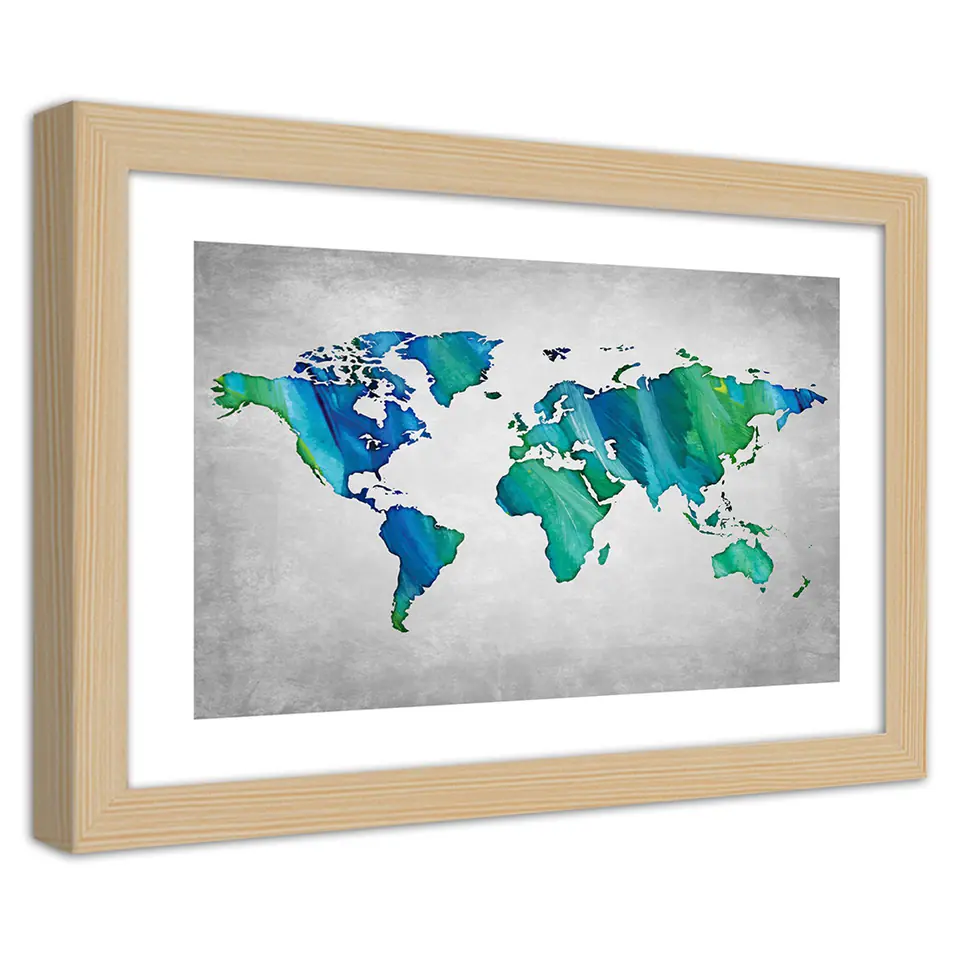 ⁨Natural Frame Poster, Colorful World Map on Concrete (Size 100x70)⁩ at Wasserman.eu