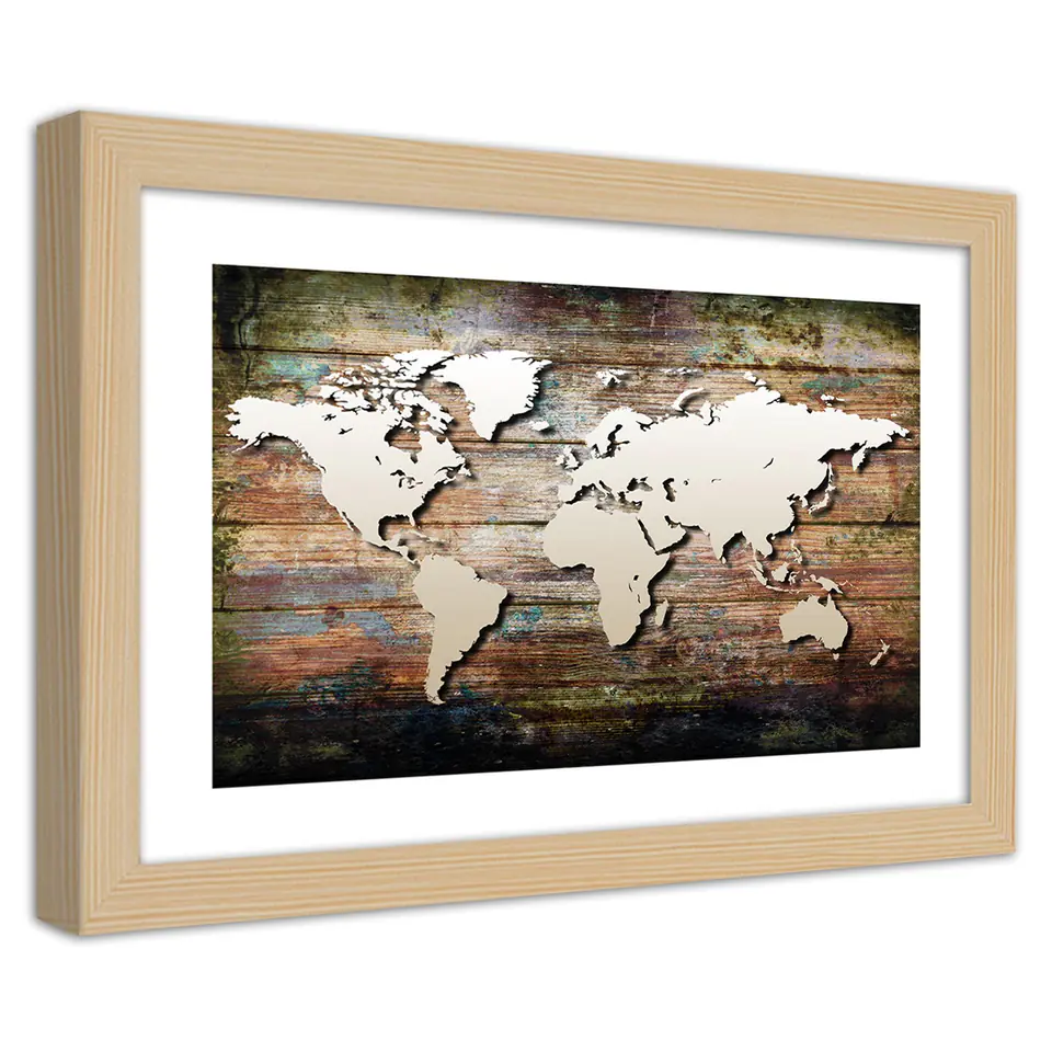 ⁨Obraz w ramie, Mapa świata na starych deskach (Rozmiar 100x70)⁩ w sklepie Wasserman.eu