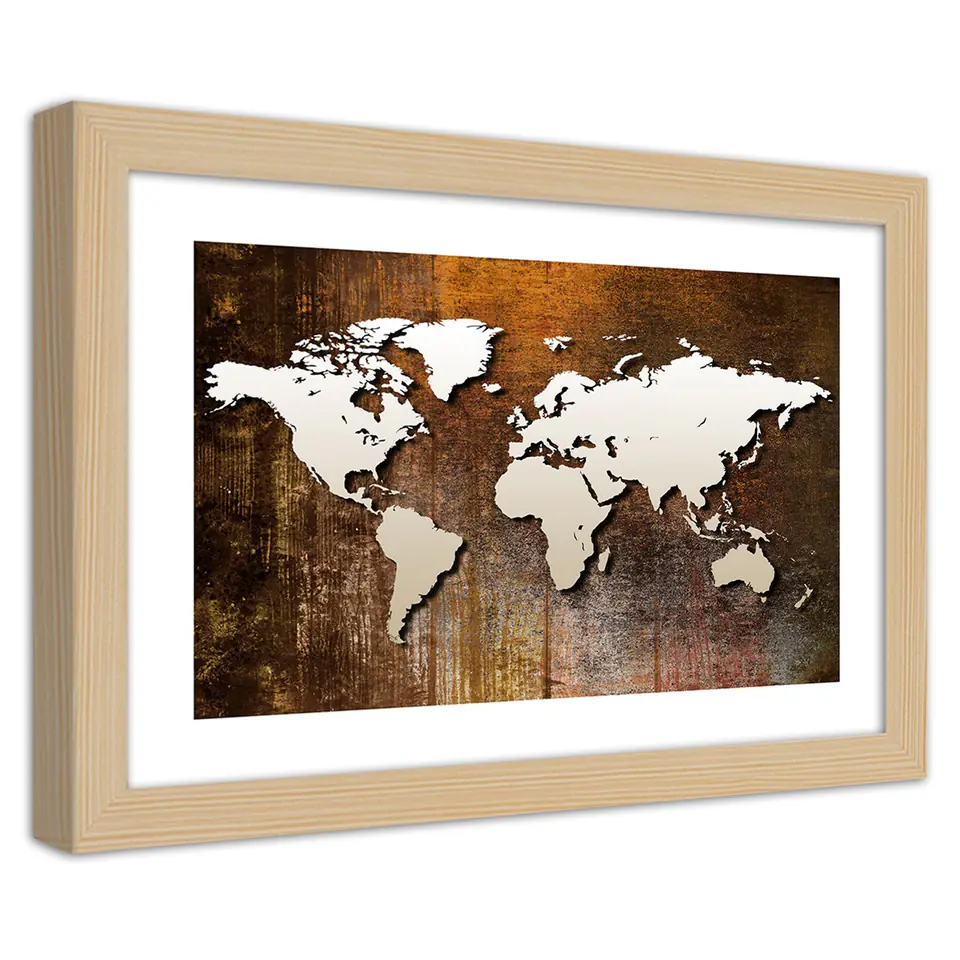 ⁨Obraz w ramie, Mapa świata na drewnie (Rozmiar 30x20)⁩ w sklepie Wasserman.eu