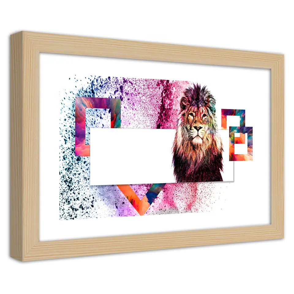 ⁨Natural frame poster, Lion with colorful mane (Size 100x70)⁩ at Wasserman.eu