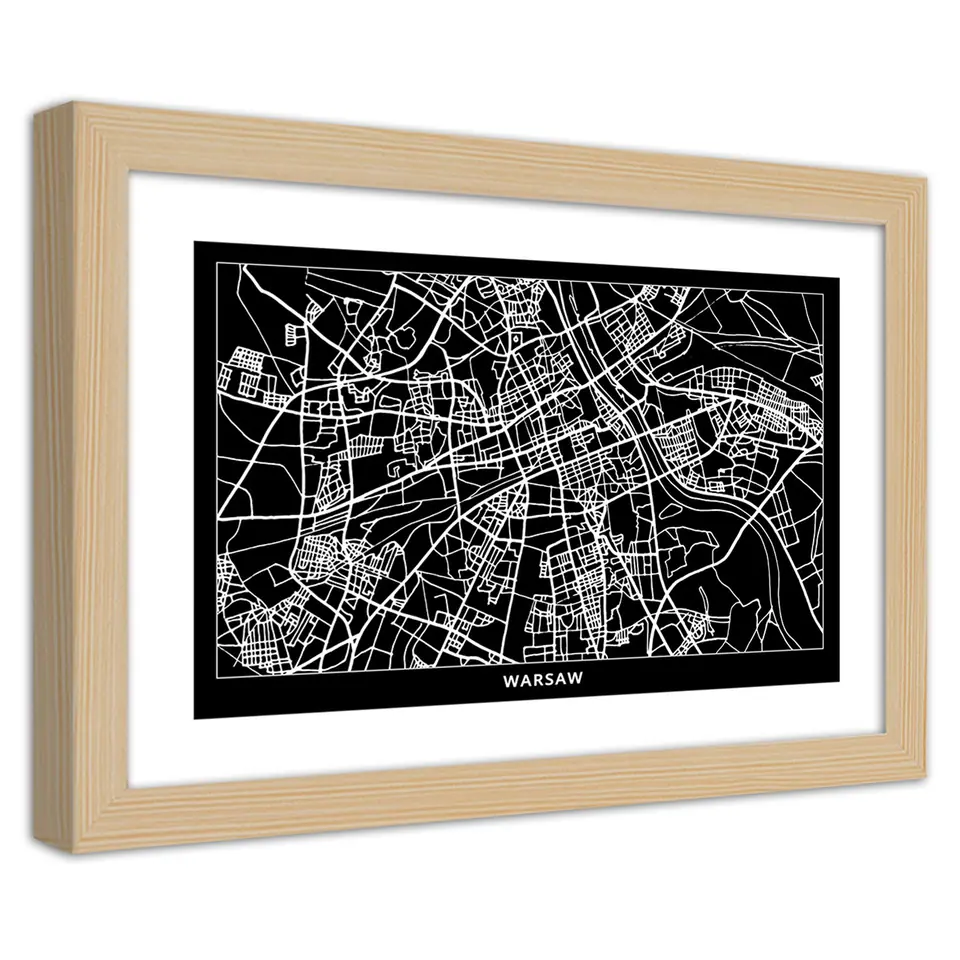 ⁨Poster in a natural frame, City plan Warsaw (Size 30x20)⁩ at Wasserman.eu