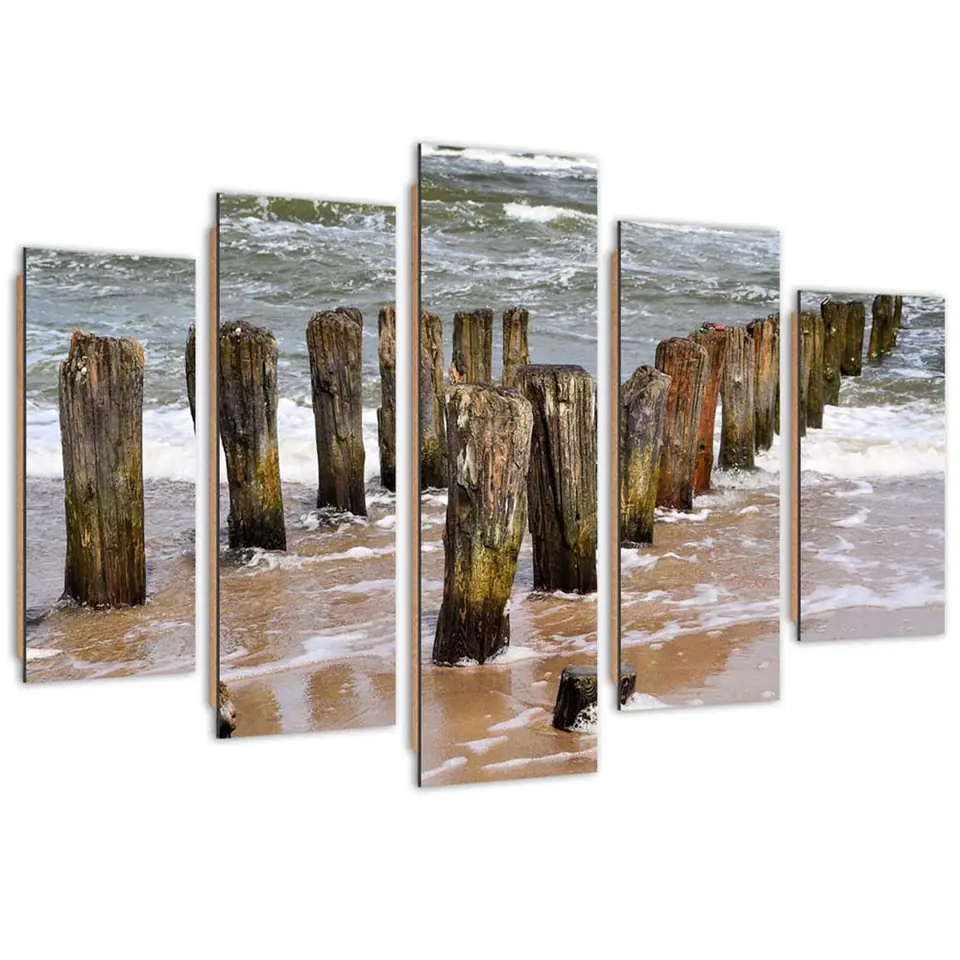 ⁨Obraz pięcioczęściowy Deco Panel, Falochrony na plaży (Rozmiar 100x70)⁩ w sklepie Wasserman.eu