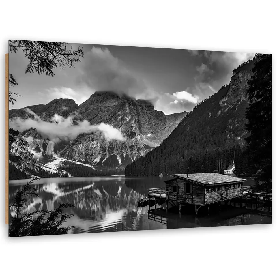 ⁨Painting Deco Panel, Chalet by the mountain lake - black and white (Size 60x40)⁩ at Wasserman.eu