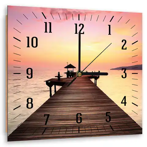 ⁨Obraz z zegarem, Pomost i zachodzące słońce (Rozmiar 40x40)⁩ w sklepie Wasserman.eu